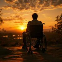 cadeira de rodas limite silhueta, simbolizando fortalecimento em meio a uma pôr do sol dourado matizes para social meios de comunicação postar Tamanho ai gerado foto