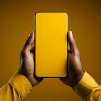 amarelo pano de fundo acentua mão, caixa, e telefone uma tríade do inovação para social meios de comunicação postar Tamanho ai gerado foto