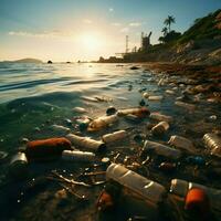 de praia poluição retratado com plástico garrafas e Lixo lixo a litoral para social meios de comunicação postar Tamanho ai gerado foto
