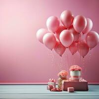 aniversário bênção, Rosa pano de fundo adornado com 3d pastel balões, oferta cópia de espaço para social meios de comunicação postar Tamanho ai gerado foto