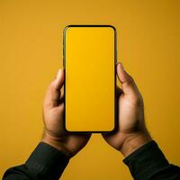 caixa mantido de mão, exibido contra telefone e amarelo fundo artístico sinergia para social meios de comunicação postar Tamanho ai gerado foto