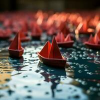 coletivo viagem vermelho líder barco guias papel barcos em mapa, ilustrando trabalho em equipe sucesso para social meios de comunicação postar Tamanho ai gerado foto