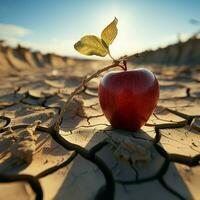 deserto cena maçã em rachado terra significa Comida insegurança, água falta, agrícola crise para social meios de comunicação postar Tamanho ai gerado foto