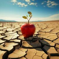 deserto cena maçã em rachado terra significa Comida insegurança, água falta, agrícola crise para social meios de comunicação postar Tamanho ai gerado foto