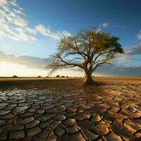 seca acometido solo ursos solitário árvore, retratando clima alterar água escassez impacto para social meios de comunicação postar Tamanho ai gerado foto