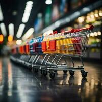 dinâmico compras cena borrado loja bokeh luzes movimentado supermercado com compras carrinho para social meios de comunicação postar Tamanho ai gerado foto