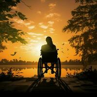 capacitando silhueta cadeira de rodas limite figura contra pôr do sol, incorporando força e perseverança para social meios de comunicação postar Tamanho ai gerado foto