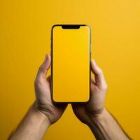 mão estende caixa para telefone, contra animado amarelo pano de fundo intrigante convergência para social meios de comunicação postar Tamanho ai gerado foto