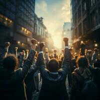 mãos do o negócio equipe elevado punho ar corporativo celebração vitória, sucesso e ganhando conceito, cópia de espaço para social meios de comunicação postar Tamanho ai gerado foto