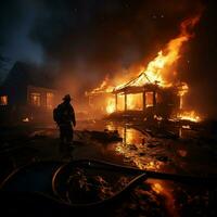 heróico bombeiro extingue brasas dentro queimado casa, água sufocando a ardente conseqüência para social meios de comunicação postar Tamanho ai gerado foto