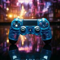 imerso dentro azul temático vídeo jogo, fechar acima do controle de video game aumenta atrasado noite jogos ambiente para social meios de comunicação postar Tamanho ai gerado foto