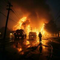 industrial cena bombeiros empregar rodopio névoa para domar óleo fogo, contenção potencial inferno para social meios de comunicação postar Tamanho ai gerado foto