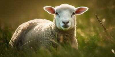 fofa feliz Cordeiro em a campo, ovelha generativo ai foto