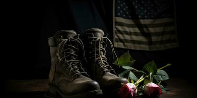 América dia, rosas e de soldado chuteiras em a fundo do a americano bandeira. generativo ai foto