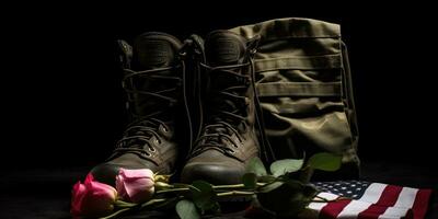 memorial dia América. americano bandeira e de soldado botas. generativo ai foto