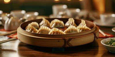 delicioso prato chinês frito dumplings dentro uma chinês restaurante. generativo ai foto