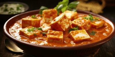 delicioso paneer bater Masala prato dentro a indiano restaurante. generativo ai foto