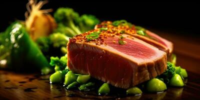 grelhado atum bife dentro uma restaurante prato fechar-se. generativo ai foto
