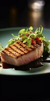 grelhado atum bife dentro uma restaurante prato fechar-se. generativo ai foto