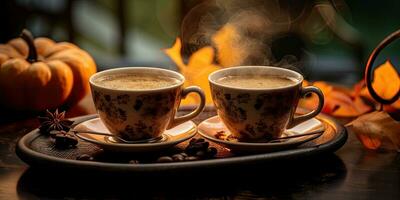 foto do perfumado café em uma mesa com abóboras e decorações para a feriado do dia das Bruxas. generativo ai