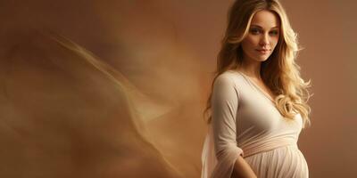 jovem europeu grávida mulher em uma luz fundo. generativo ai foto