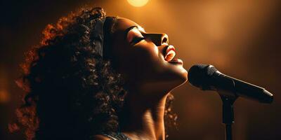 jovem africano mulher canta dentro karaokê. generativo ai foto