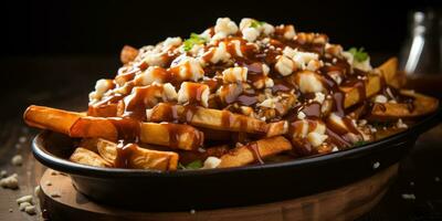 canadá nacional prato, poutine. fechar-se prato, batatas e queijo. generativo ai foto