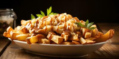 canadá nacional prato, poutine. fechar-se prato, batatas e queijo. generativo ai foto