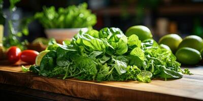 fresco verduras fechar-se. orvalho gotas em folhas. verduras em a mesa. vegetariano tema. generativo ai foto