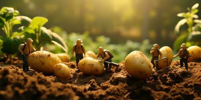 batatas em a campo fechar-se. colheita batatas. generativo ai foto