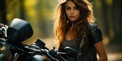 mulher em uma motocicleta fechar-se. generativo ai foto