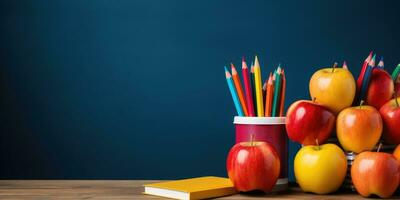 costas para escola. Lugar, colocar para texto. bloco de anotações e maçã em a mesa. generativo ai foto