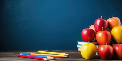 costas para escola. Lugar, colocar para texto. bloco de anotações e maçã em a mesa. generativo ai foto