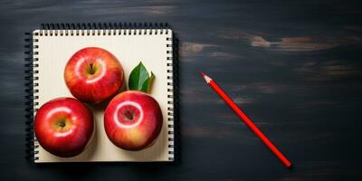 espaço para texto, costas para escola. bloco de anotações e maçã em a mesa. generativo ai foto