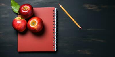 espaço para texto, costas para escola. bloco de anotações e maçã em a mesa. generativo ai foto