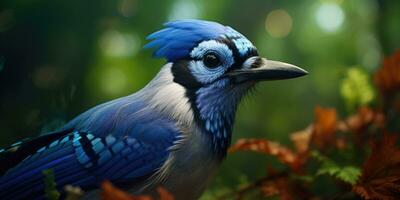 azul Jay em uma ramo. pássaro dentro a floresta. ornitologia. generativo ai foto