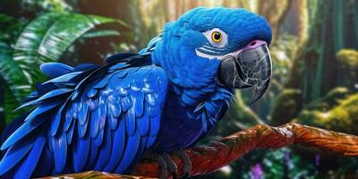 azul arara, papagaio em uma ramo fechar-se. generativo ai foto