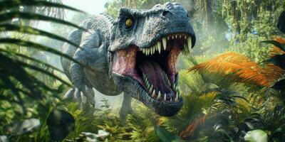 fantasia imagem do tiranossauro dentro a selva. fantástico. Alto qualidade ilustração. generativo ai foto