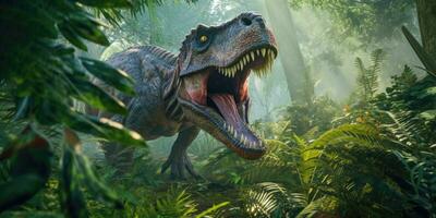 fantasia imagem do tiranossauro dentro a selva. fantástico. Alto qualidade ilustração. generativo ai foto