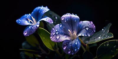 linda pervinca flor com pingos de chuva. generativo ai foto