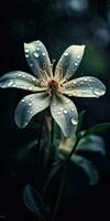 lindo flor com pingos de chuva em uma Sombrio fundo. foto para poster ou papel de parede. generativo ai