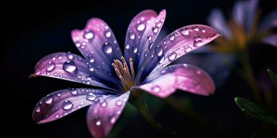 lindo flor com pingos de chuva em uma Sombrio fundo. foto para poster ou papel de parede. generativo ai