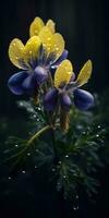 azul flores em uma Sombrio fundo com orvalho gotas. generativo ai foto