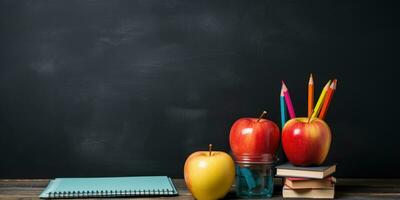 costas para escola, celebração do a Novo escola ano. quadro-negro. generativo ai foto