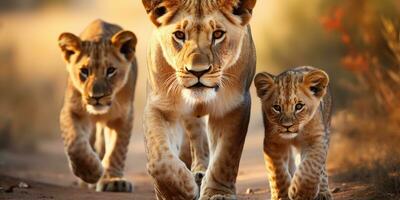 leoa e leão filhotes estão comovente ao longo a savana estrada. selvagem vida. generativo ai foto