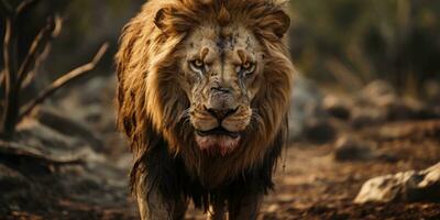 adulto leão de quem face é coberto com cicatrizes. selvagem animal. generativo ai foto