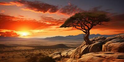 lindo pôr do sol dentro África com uma morto árvore e brilhante cores. generativo ai foto