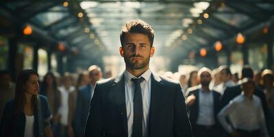 masculino homem de negocios dentro uma terno e gravata em a rua, em borrado fundo do pessoas. generativo ai foto