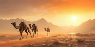 silhuetas do camelos a dunas do a deserto, pôr do sol dentro a deserto. generativo ai foto