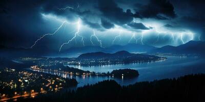 relâmpago a partir de uma nuvem de tempestade às noite. alguns relâmpago durante trovoada. generativo ai foto